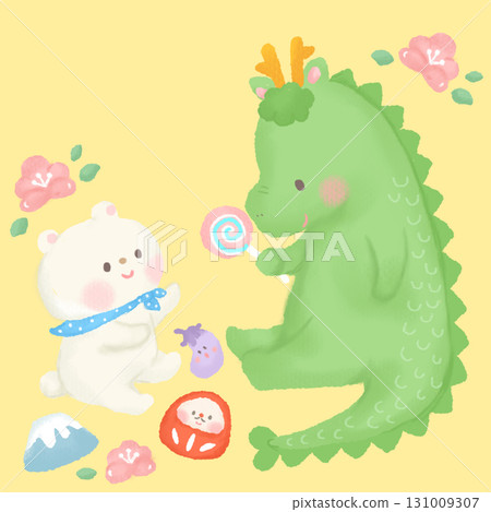 新年賀卡_龍年可愛的笑臉龍和熊插圖 新年賀卡_龍年可愛的笑臉龍和熊插圖 131009307