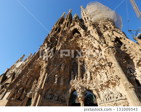 Spain, Barcelona, Sagrada Familia, Nativity Facade, early morning in May Spain, Barcelona, Sagrada Familia, Nativity Facade, early morning in May 131009343