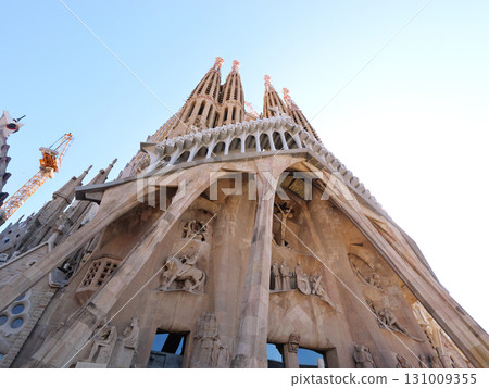 Spain, Barcelona, Sagrada Familia, Passion Facade, early morning in May Spain, Barcelona, Sagrada Familia, Passion Facade, early morning in May 131009355