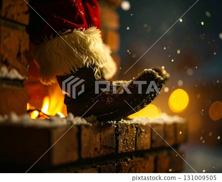 聖誕老人的腳在壁爐前取暖 131009505