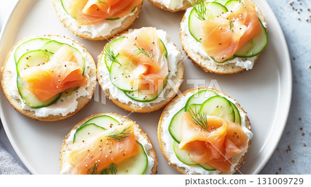 Salmon and cucumber open sandwich Salmon and cucumber open sandwich 131009729