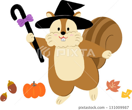 Halloween: Squirrel dressed as a witch and waving a walking stick Halloween: Squirrel dressed as a witch and waving a walking stick 131009987