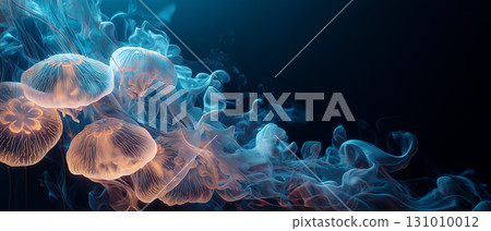 藍色漸層中漂浮的水母狀煙霧夢幻般的藝術背景材料 131010012