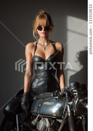身穿黑色皮衣和經典自行車的女模特兒的時尚肖像 131010610