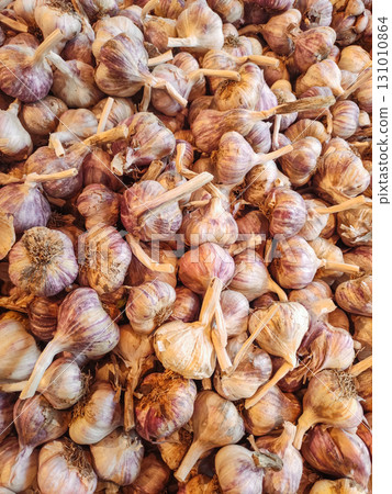 Freshly harvested garlic bulbs forming a textured background Freshly harvested garlic bulbs forming a textured background 131010864