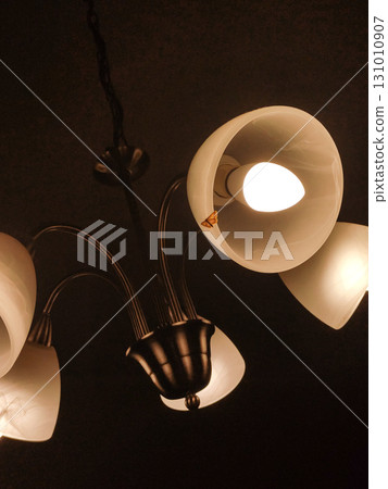 Moth resting on a lighted chandelier in prague home 131010907