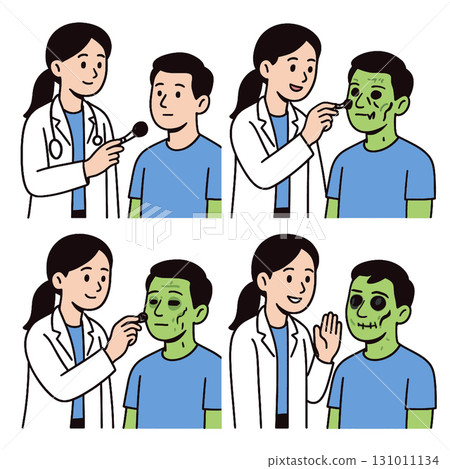 Doctor applying coloring makeup for zombie coloring book page with transperency effect shown 131011134