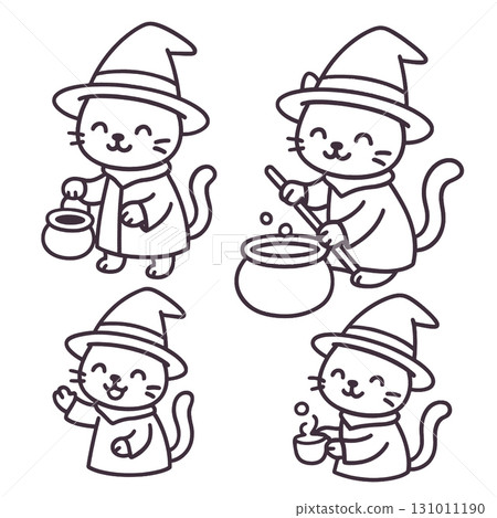 Coloring book page featuring cute cat in witch hat with transparency for creative coloring 131011190