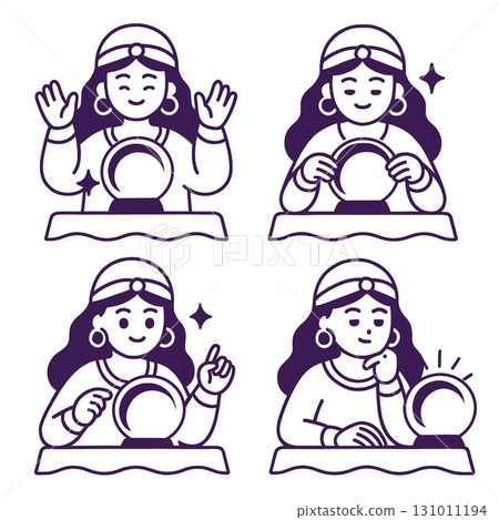Coloring book coloring page transperency fortune teller woman with crystal ball various emotions 131011194