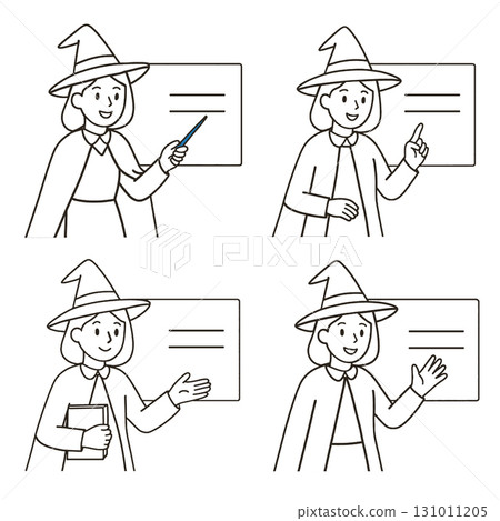 Coloring book page featuring witch teacher with transparency effect and various gestures 131011205