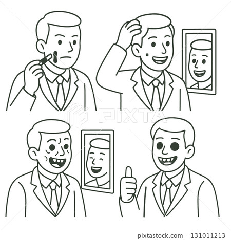 Man applying makeup, checking hair, smiling in mirror, giving thumbs up, feeling confident 131011213