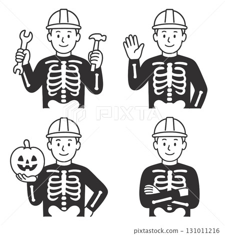 Skeleton worker cartoon hard hat wrench hammer pumpkin waving arms crossed Halloween fun 131011216