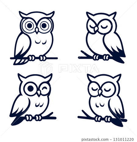 Coloring book page featuring four cute owl illustrations with transparency for creative coloring 131011220