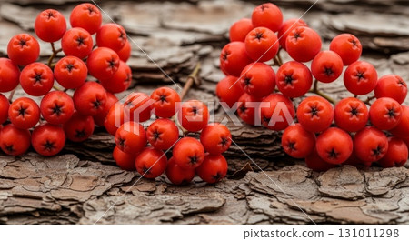 Red Mountain Ash Berries on Weathered Wood Background Red Mountain Ash Berries on Weathered Wood Background 131011298