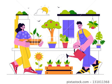 Urban Farming Rooftop Garden Vector Illustration Featuring Eco Agriculture Gardening on the Roof with Growing Plants and Cultivation of Nature 131011368