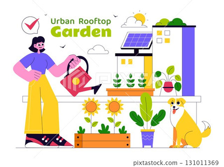 Urban Farming Rooftop Garden Vector Illustration Featuring Eco Agriculture Gardening on the Roof with Growing Plants and Cultivation of Nature 131011369