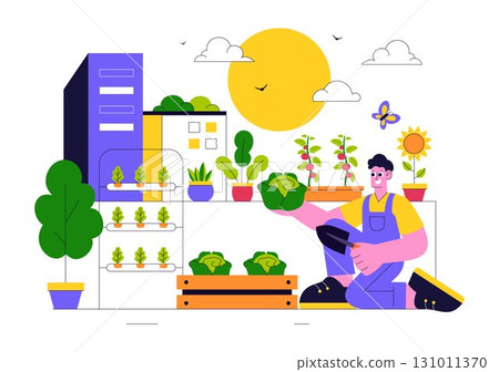 Urban Farming Rooftop Garden Vector Illustration Featuring Eco Agriculture Gardening on the Roof with Growing Plants and Cultivation of Nature 131011370