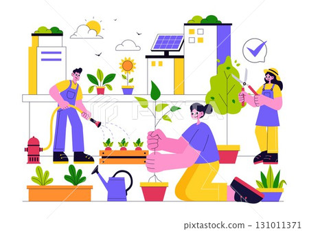 Urban Farming Rooftop Garden Vector Illustration Featuring Eco Agriculture Gardening on the Roof with Growing Plants and Cultivation of Nature 131011371