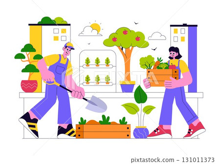 Urban Farming Rooftop Garden Vector Illustration Featuring Eco Agriculture Gardening on the Roof with Growing Plants and Cultivation of Nature 131011373