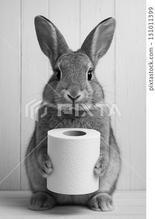 Rabbit holding a large tissue roll in its paws while sitting upright in black and white. Rabbit holding a large tissue roll in its paws while sitting upright in black and white. 131011399