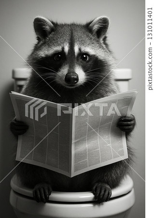 Raccoon holding a newspaper and sitting on toilet bowl. 131011401