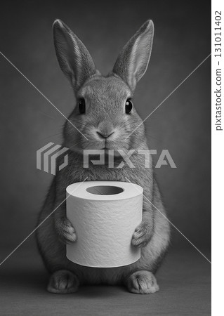 Rabbit presenting a toilet paper roll in front of its body in a playful monochrome portrait. 131011402