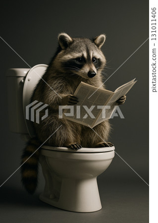 Raccoon sitting with a tissue roll placed between its paws in a humorous monochrome scene. 131011406