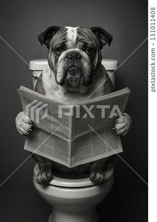 Dog holding a newspaper while sitting in grayscale studio portrait. Dog holding a newspaper while sitting in grayscale studio portrait. 131011408