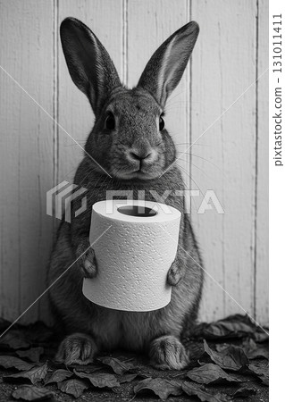 Rabbit presenting a tissue roll close to its chest with ears raised in grayscale photography. Rabbit presenting a tissue roll close to its chest with ears raised in grayscale photography. 131011411