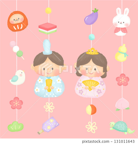 Illustration of a smiling hanging Hina doll for Hinamatsuri 131011643