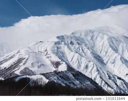 View of Hakuba Happoone from the Iwatake summit terrace in winter, with umbrella clouds signaling bad weather 131011644