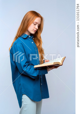 Young Woman Reading a Book While Standing Against a Simple Backdrop Indoors 131011764