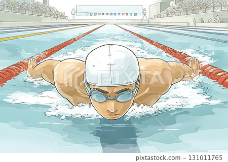 A competitive swimmer diving powerfully in the butterfly stroke 131011765