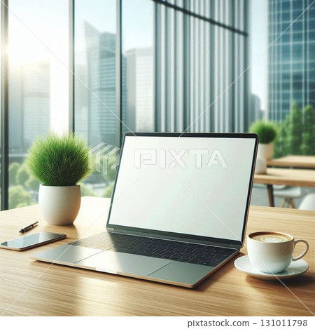 舒適的工作空間，擺放著盆栽和咖啡杯 131011798