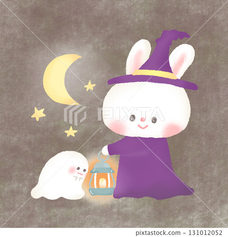 Halloween_Cute illustration of a rabbit and ghost holding a lamp on a moonlit night Halloween_Cute illustration of a rabbit and ghost holding a lamp on a moonlit night 131012052
