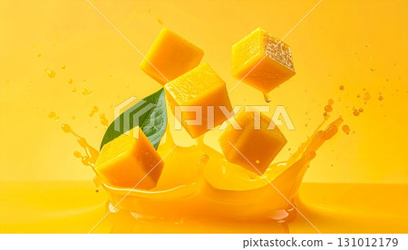 Floating Mango with Splash on Yellow Background Floating Mango with Splash on Yellow Background 131012179