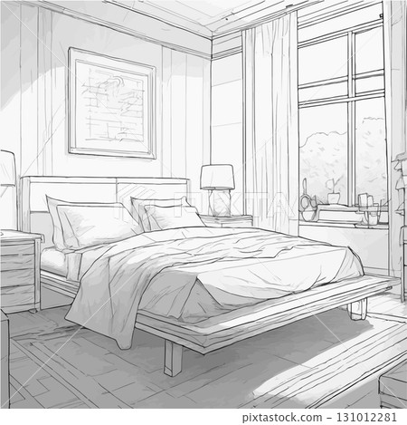 Monochrome illustration of a bedroom 131012281