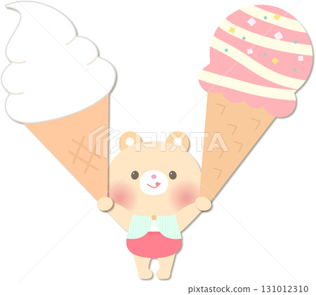 Summer_Illustration of a cute bear holding a big ice cream and soft serve ice cream Summer_Illustration of a cute bear holding a big ice cream and soft serve ice cream 131012310