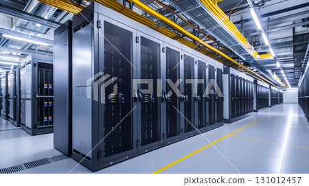 Server cabinets inside data center room. 131012457