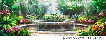 Serene garden with a central fountain, surrounded by lush greenery , Watercolor painting banner. Serene garden with a central fountain, surrounded by lush greenery , Watercolor painting banner. 131012459