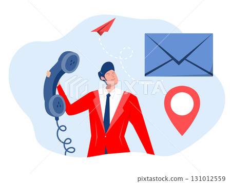 Businessman with telephone, email and location pin Business Communication Concept Contact us via email, phone or office location,Flat Style 131012559