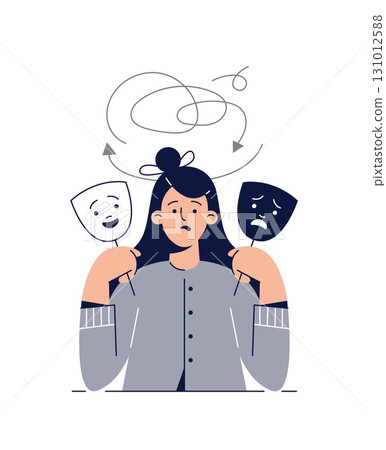 Bipolar disorder concept. Woman shows two face mask with happy and unhappy mood. Isolated on white. manic depression, bipolar illness Bipolar disorder concept. Woman shows two face mask with happy and unhappy mood. Isolated on white. manic depression, bipolar illness 131012588
