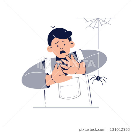 Fear of Spiders, Arachnophobia concept. Scared Kid Character is afraid of spider. Phobias, Childhood Irrational Fears, Anxiety Disorder 131012593