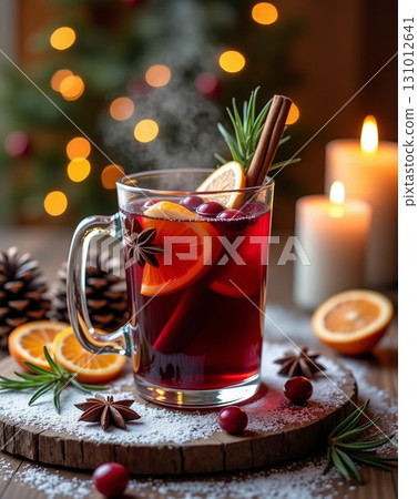 A steaming glass of mulled wine with orange slices, cranberries, cinnamon and star anise on a snowy wooden board, surrounded by pine cones and candles, creating a warm festive holiday scene. A steaming glass of mulled wine with orange slices, cranberries, cinnamon and star anise on a snowy wooden board, surrounded by pine cones and candles, creating a warm festive holiday scene. 131012641