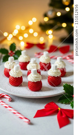 Festive Delicious Strawberry Santa Hat Appetizers for Holiday Celebration Dessert 131012656