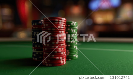 Stack of casino poker chips on green table with blurred background, gambling vertical smartphone wallpaper. Generative AI. Stack of casino poker chips on green table with blurred background, gambling vertical smartphone wallpaper. Generative AI. 131012741