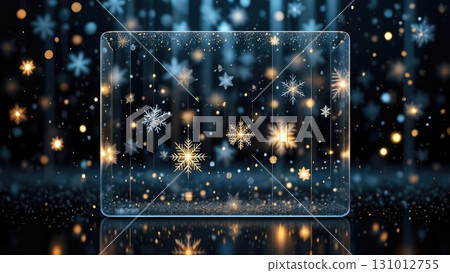 Blue and gold glowing star lights with frosted glass panel in front. Elegant festive background for design. Generative AI. 131012755