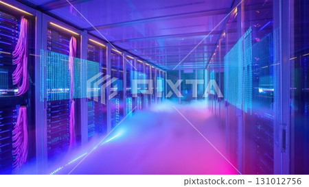 Futuristic neon server room with glowing racks and colorful cyber light corridor, vertical smartphone wallpaper. Generative AI. Futuristic neon server room with glowing racks and colorful cyber light corridor, vertical smartphone wallpaper. Generative AI. 131012756