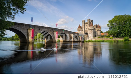 Scenic photo of a historic stone bridge over calm river water leading to a European-style castle, surrounded by greenery and blue sky. Generative AI Scenic photo of a historic stone bridge over calm river water leading to a European-style castle, surrounded by greenery and blue sky. Generative AI 131012761