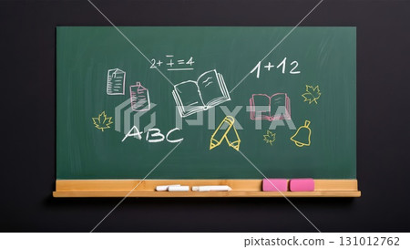 Green school chalkboard with chalk drawings of math, letters, and doodles on dark classroom background. Vertical wallpaper. Generative AI. Green school chalkboard with chalk drawings of math, letters, and doodles on dark classroom background. Vertical wallpaper. Generative AI. 131012762